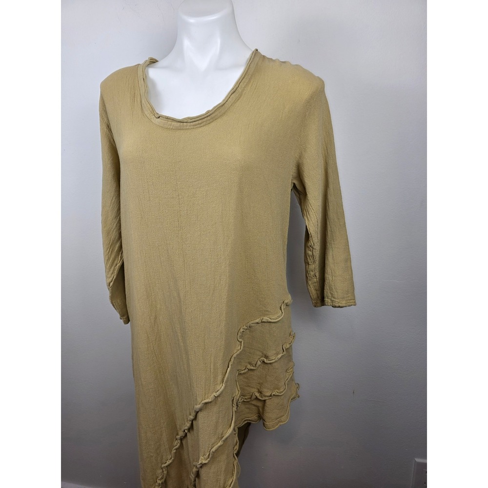 Oh My Gauze Tan Cotton Asymmetrical Ruffle Tunic Dress Lagenlook OS - Picture 3 of 7